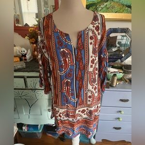 Symple NYC Tunic Top M Boho Paisley Floral Rayon Orange Blue Flowy Fall VGUC